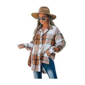 CUPSHE Women Long Sleeve Plaid Button Down Tops Casual V Neck Oversized Shirt L
